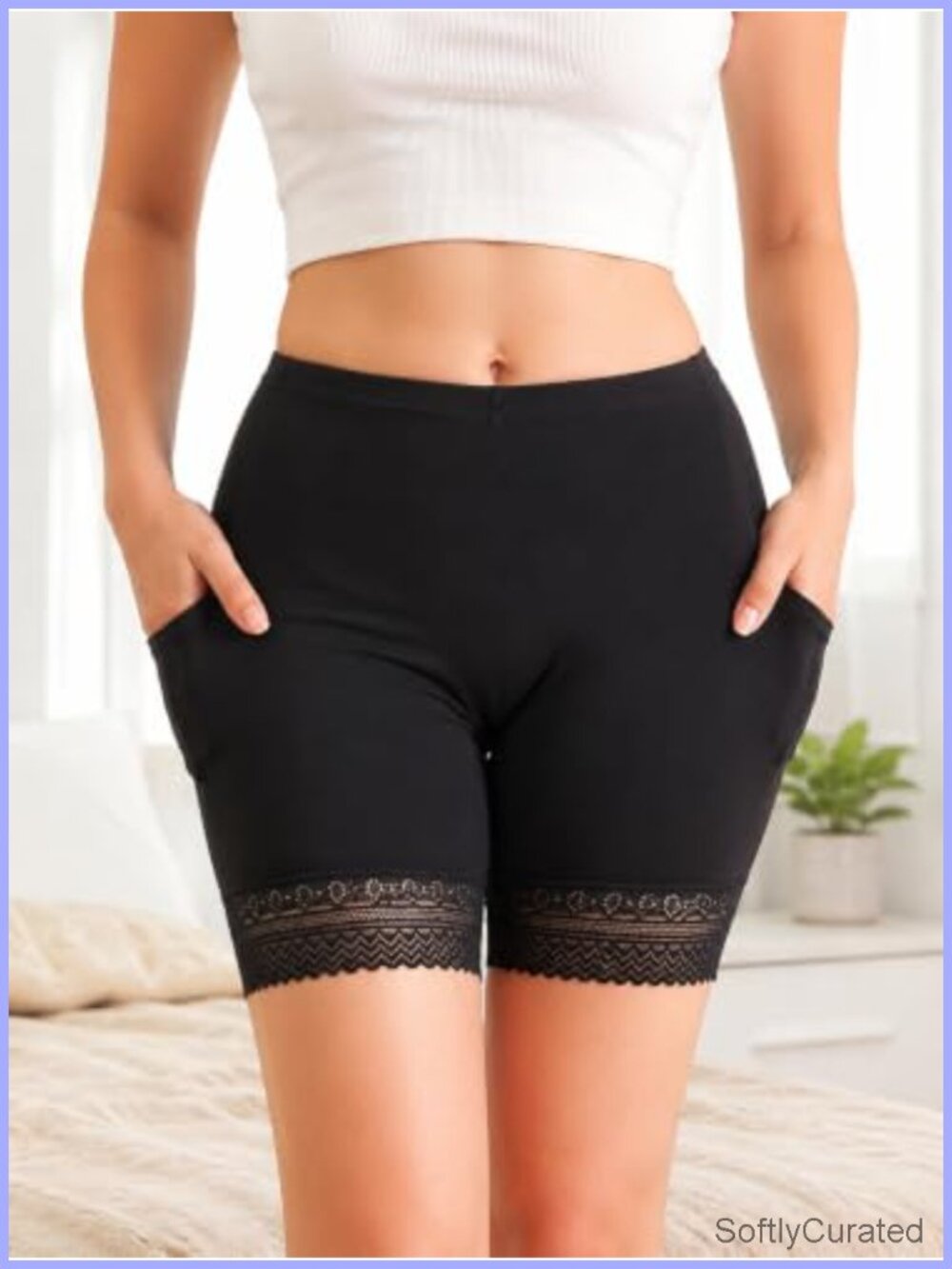 Women Lace Trim Seamless Slip Shorts High Waist Loose Satin Anti-Slip Under